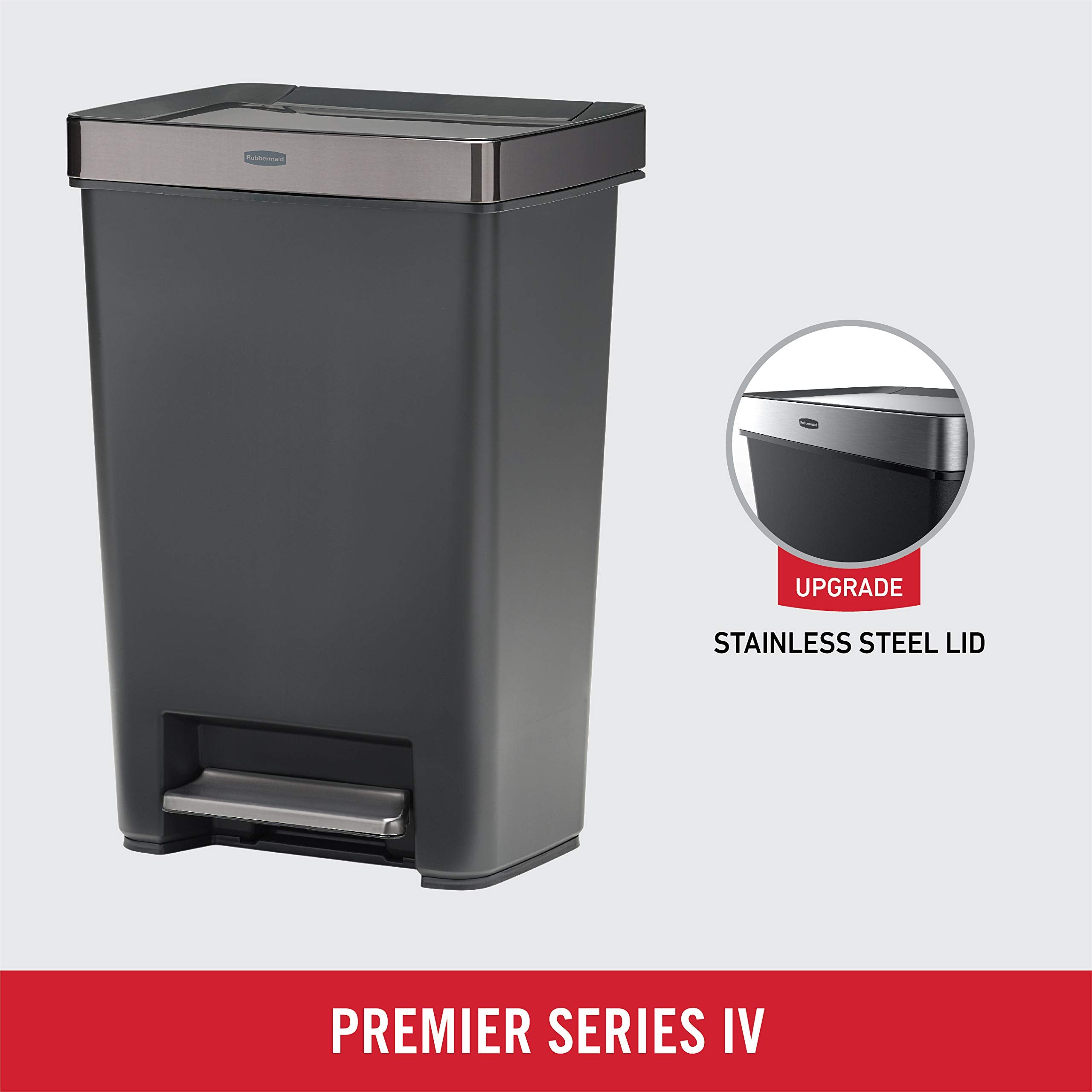 Rubbermaid Premier Series Iv Step-On Trash Can For Home And Kitchen, With Stainless Steel Lid, 12.4 Gallon, Charcoal